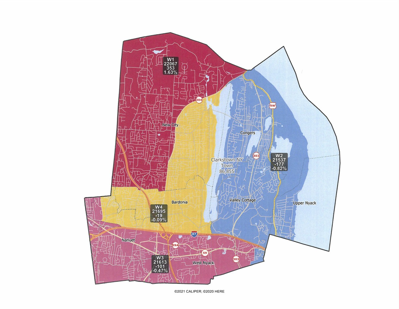 Map of Town of Clarkstown council wards, with Ward 4 shown in yellow